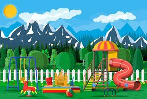 Kids playground kindergarten panorama. Urban child amusement. Slide ladder, rocking toy on spring, slide tube, swing carousel balancer, sandbox bucket rake castle scoop. Vector illustration flat style