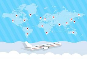 mundo mapa con rutas y avión en nubes vector ilustración en plano diseño. viaje concepto