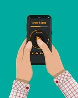 Hand holds smartphone with music player. Media player app on touchscreen. Vector illustration in flat style