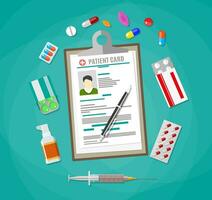 Clipboard with patient card and pen. pills, capsules, syringe, tablets. Healthcare, hospital and medical diagnostics concept. vector illustration in flat style