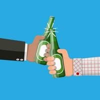 Bottle of beer in hand. Beer alcohol drink. People clink and toast. Celebration ceremony, holydays.. Vector illustration in flat style