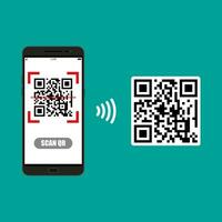 Mobile phone scanning QR code from document. Electronic scan, digital technology, barcode. Vector illustration in flat design