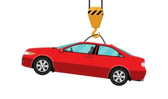 Red coupe car hanging on hook crane. Car road evacuation. Vector illustration in flat style