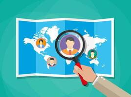 Human resources management concept, searching professional staff, work, hq, world map with candidates, hand with magnifying glass. vector illustration in flat design on green background