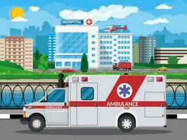 Hospital building medical background. Healthcare hospital and medical diagnostics. Urgency and emergency services. Cityscape road river sky sun tree. Car and helicopter. Vector illustration flat style