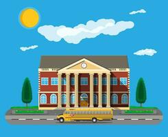 Classical school building and school bus. Brick facade with clocks. Public educational institution. College or university organization. Tree, clouds, sun. Vector illustration in flat style