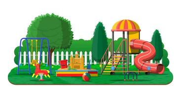 Kids playground kindergarten panorama. Urban child amusement. Slide ladder, rocking toy on spring, slide tube, swing carousel balancer, sandbox bucket rake castle scoop. Vector illustration flat style