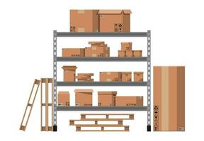 Pile cardboard boxes on warhouse shelves. Carton delivery packaging open and closed box with fragile signs. Vector illustration in flat style