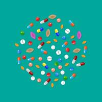 Different colorful medical pills capsules and tablets in circle. Medications collection. vector illustration in flat style