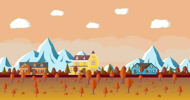 Mountain landscape with wooden house and forest. Natural autumn vector illustration in flat style