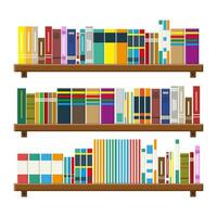 Library wooden book shelf. Bookcase with different books. Vector illustration in flat style