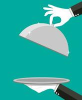 Hands of waiter holding empty silver cloche. Vector illustration in flat style