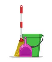 Plastic bucket, dustpan and broom. House cleaning equipment. Household accessories. Vector illustration in flat style