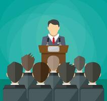 orator speaking from tribune. public speaker and crowd on chairs. vector illustration in flat style