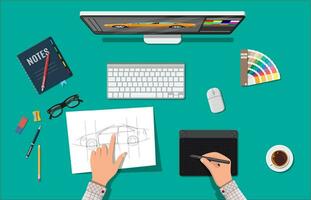 Designer workplace. Illustrator desktop with tools. Desktop pc, keyboard, mouse, glasses, notes, pen, coffee. Sketch on paper blank. Hands drawing on graphic tablet. Vector illustration in flat style