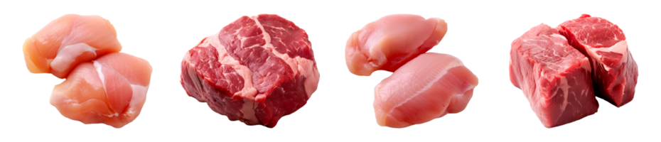 AI generated collection of raw meat pieces on transparent background, generative ai png