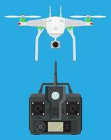 Remote controlled aerial drone. Quadcopter drone with camera for photography or video. Contemporary unmanned aircraft. Remote control panel with display and sticks. Vector illustration in flat style