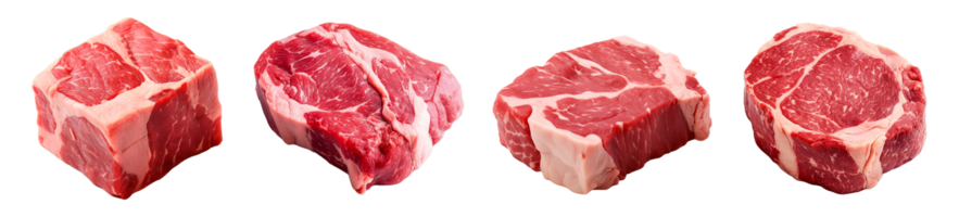 AI generated collection of raw meat pieces on transparent background, generative ai png