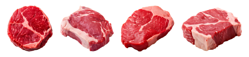 AI generated collection of raw meat pieces on transparent background, generative ai png