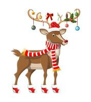 linda ciervo con cornamenta, bufanda, acebo, arco, adornos contento nuevo año decoración. alegre Navidad día festivo. nuevo año y Navidad celebracion. vector ilustración en plano estilo