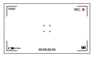 White user interface of camera viewfinder. Focusing screen in the center of camera in recording time. battery status, video quality, Image stabilization icons. vector illustration