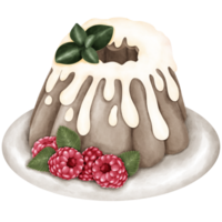 Illustration of a cake topped with white chocolate sauce and decorated with raspberries. png