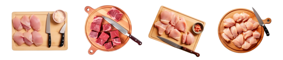 AI generated collection of raw meat pieces on transparent background, generative ai png