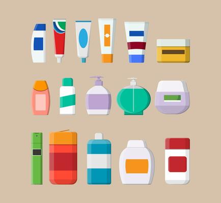 Set of various color cosmetic bottles. Cream, tooth paste, shampoo, gel, spray, tube and soap. Skin and body care, toiletres. Products for beauty and cleanser. Vector illustration in flat style