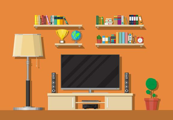 Modern living room interior. Tv on stand. Library wooden book shelf. Globe, lamp, clocks, cactus, cup. Bookcase with different books. Vector illustration in flat style