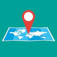 Navigation geolocation icon. Folded paper world map with red pin, vector illustration in flat design on green background