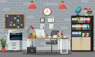 Office building interior. Desk with computer, chair, lamp, books and document papers. Drawer, tree, clocks, calendar, printer. Modern business workplace Vector illustration in flat style