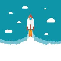 Space rocket launch. Rocket in the clouds. Start up concept. Vector illustration in flat style