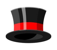 Black cylinder hat with red ribbon. Magic hat. Classic men headdress. Vector illustration in flat style