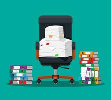 Pile of paper documents and file folders, office chair. Pile of papers. Office documents heap. Routine, bureaucracy, big data, paperwork, office. Vector illustration in flat style