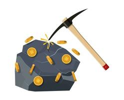 Golden coin with computer chip and pickaxe. Mining symbol. Money and finance. Digital currency. Virtual money, cryptocurrency and digital payment system. Vector illustration in flat style