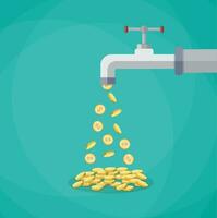 Golden coins fall out of the metal tap. Vector illustration in flat style on green background