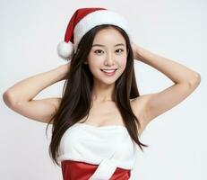 AI generated Santa women cute girl holding a gift on a white background AI generated photo