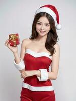 AI generated Santa women cute girl holding a gift on a white background AI generated photo