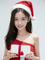 AI generated Santa women cute girl holding a gift on a white background AI generated photo