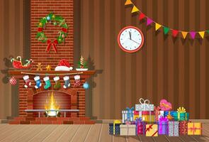 Christmas interior of room with clocks, gifts and decorated fireplace. Happy new year decoration. Merry christmas holiday. New year and xmas celebration. Vector illustration flat style