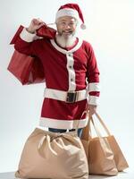 ai generado un hombre Papa Noel claus participación un regalo bolso en blanco antecedentes ai generado foto