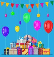 Decorated background with colorful balls, garland lights, balloons and pennant bunting. Lots of gift boxes. Greeting card, festive poster. Vector illustration in flat style