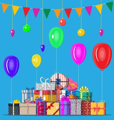 Decorated background with colorful balls, garland lights, balloons and pennant bunting. Lots of gift boxes. Greeting card, festive poster. Vector illustration in flat style