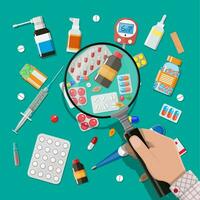 Medicine pills capsules and bottles and healthcare devices. Hand with magnifying glass. Tablets in flat style. Medical icons set. Vector illustration