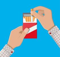 Hand with cigarette package. Unhealthy lifestyle. No smoking. Rejection, proposal smoke. Vector illustration in flat style.