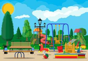 niños patio de recreo jardín de infancia panorama. urbano niño diversión. diapositiva escalera, balanceo juguete en primavera, diapositiva tubo, columpio carrusel balancín, salvadera Cubeta rastrillo castillo cucharón. vector ilustración plano estilo