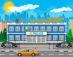 City police station biulding, car, tree, cityscape. Security cameras, flag with police symbol. Law, protection. Vector illustration in flat style