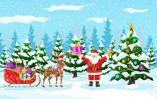 Christmas tree, santa claus with reindeer and sleigh. Winter landscape with fir trees forest and snowing. Happy new year celebration. New year xmas holiday. Vector illustration flat style