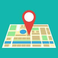 Navigation geolocation icon. City map with red pin, vector illustration in flat design on green background