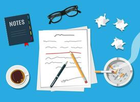 Writer or journalist workplace. Author with pen working on document. Paper draft sheets with text, pencil. Ashtray, cigarette, coffee cup. Eyeglasses. Vector illustration in flat style